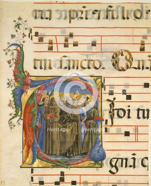 Manuscript Illumination with All Saints in an Initial V, from an Antiphonary, Italian, 1450-60. Creator: Unknown.