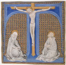 Manuscript Illumination with Crucifixion in an Initial T, from a Missal, ca. 1400. Creator: Unknown
