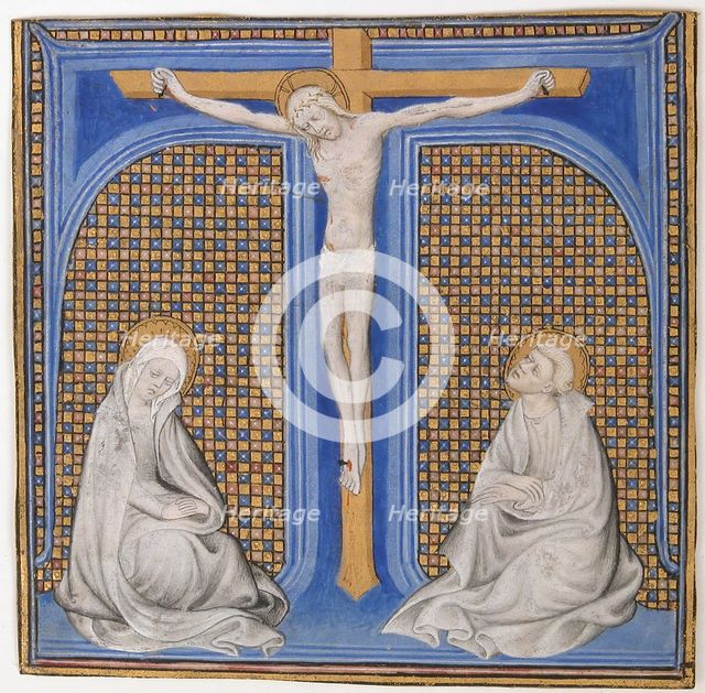 Manuscript Illumination with Crucifixion in an Initial T, from a Missal, ca. 1400. Creator: Unknown.