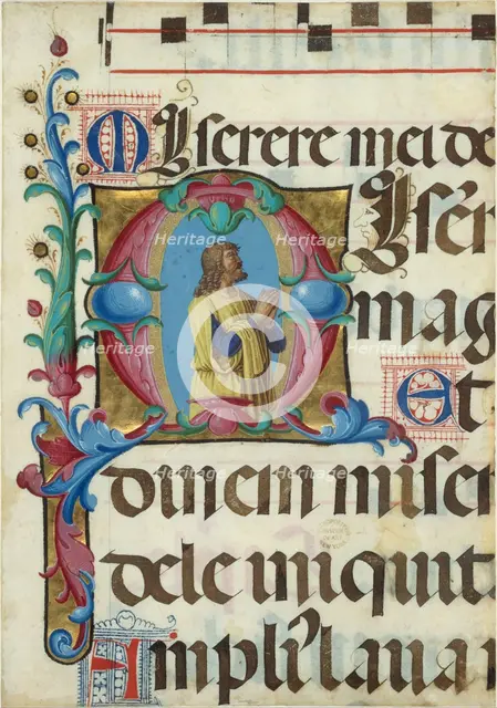 Manuscript Illumination with David in Prayer in an Initial M, from a Psalter, 1501-2. Creator: Girolamo dai Libri.
