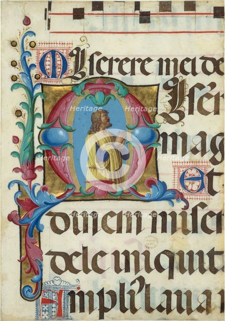 Manuscript Illumination with David in Prayer in an Initial M, from a Psalter, 1501-2. Creator: Girolamo dai Libri.