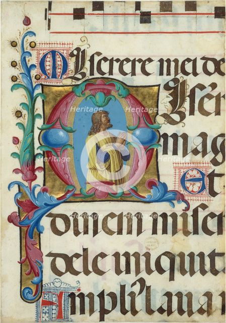 Manuscript Illumination with David in Prayer in an Initial M, from a Psalter, Italian, 1501-2. Creator: Girolamo dai Libri.