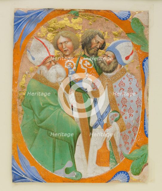 Manuscript Illumination with Four Saints in an Initial O, from a Choir Book, 1440-50. Creator: Master of the Murano Gradual.