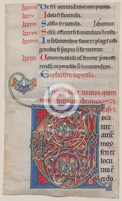 Manuscript Illumination with Initial V, from a Bible, ca. 1175-95. Creator: Unknown.