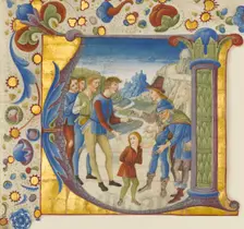 Manuscript Illumination with Joseph Sold by His Brothers in an Initial V..., ca. 1490. Creator: Giovanni Pietro da Cemmo