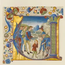 Manuscript Illumination with Joseph Sold by His Brothers in an Initial V..., Italian, ca. 1490. Creator: Giovanni Pietro da Cemmo