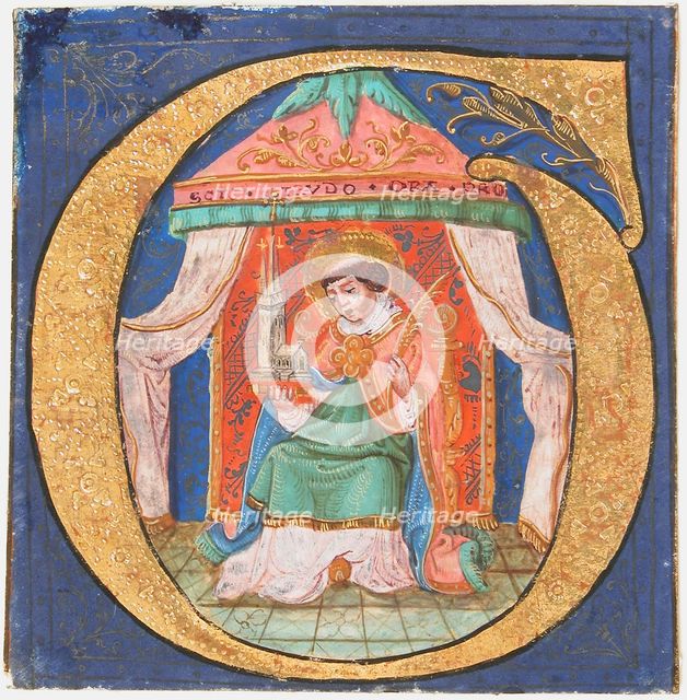 Manuscript Illumination with Saint Trudo (Trond) in an Initial O, from a Choir Book, 15th century. Creator: Unknown.