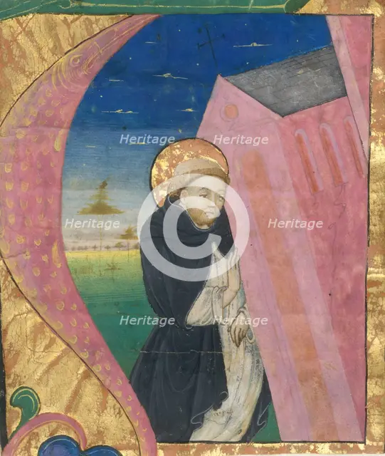 Manuscript Illumination with Saint Dominic Saving the Church of Saint John Lateran..., mid-15th cent Creator: Unknown.