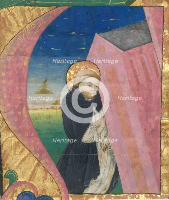 Manuscript Illumination with Saint Dominic Saving the Church of Saint John Lateran..., mid-15th cent Creator: Unknown.
