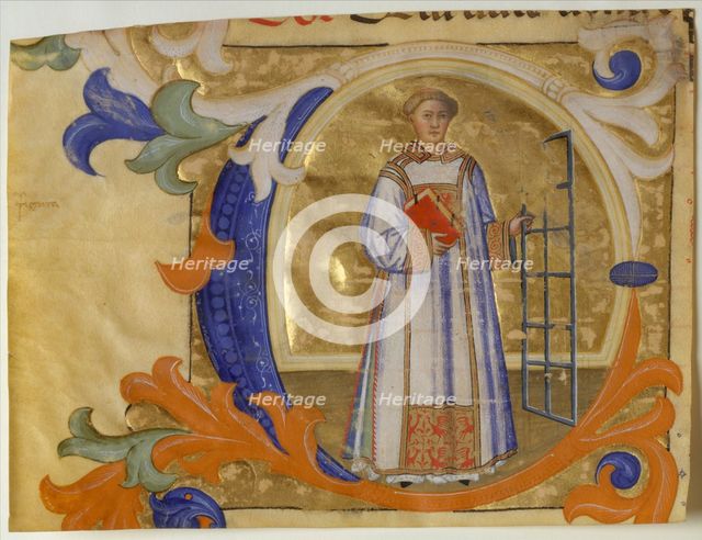 Manuscript Illumination with Saint Lawrence in an Initial C, from a Gradual, ca. 1380-90. Creator: Simone Camaldolese.