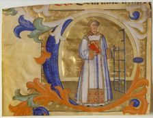 Manuscript Illumination with Saint Lawrence in an Initial C, from a Gradual, ca. 1380-90. Creator: Simone Camaldolese