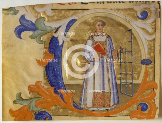 Manuscript Illumination with Saint Lawrence in an Initial C, from a Gradual, Italian, ca. 1380-90. Creator: Simone Camaldolese.