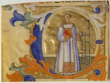 Manuscript Illumination with Saint Lawrence in an Initial C, from a Gradual, Italian, ca. 1380-90. Creator: Simone Camaldolese