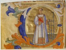 Manuscript Illumination with Saint Lawrence in an Initial C, from a Gradual, Italian, ca. 1380-90. Creator: Simone Camaldolese