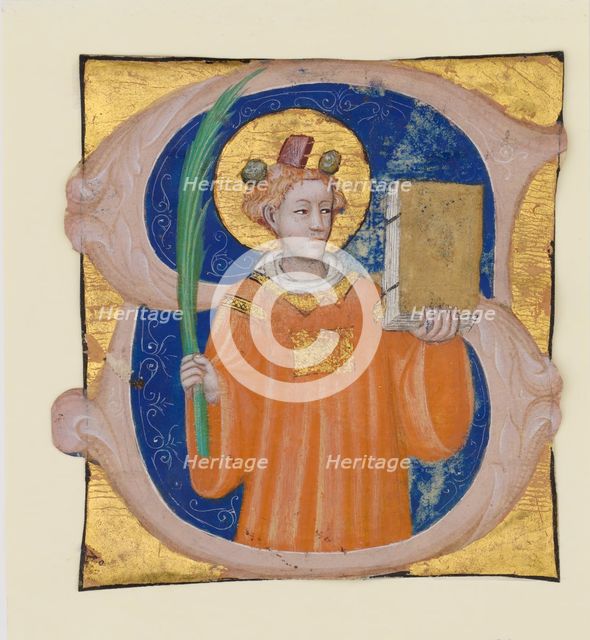 Manuscript Illumination with Saint Stephen in an Initial S, from an Antiphonary, ca. 1410-20. Creator: Master of the Brussels Initials.