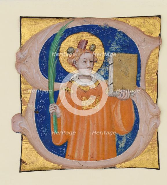 Manuscript Illumination with Saint Stephen in an Initial S, from an Antiphonary, Italian, ca. 1410-2 Creator: Master of the Brussels Initials.