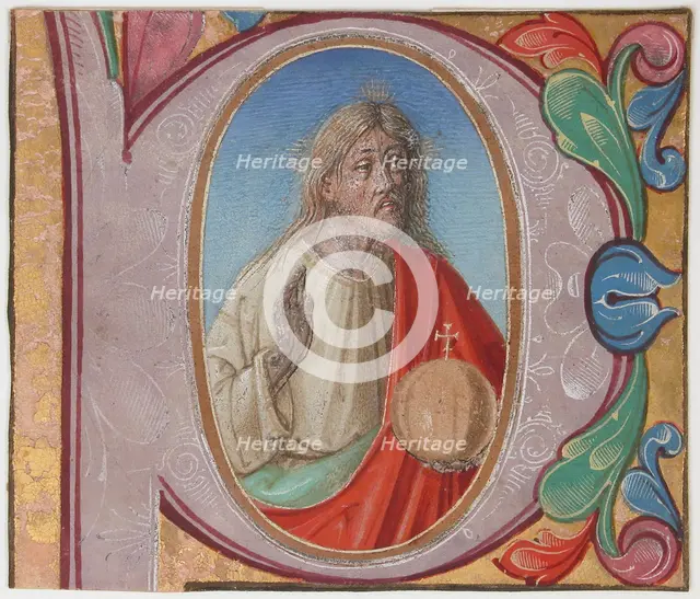 Manuscript Illumination with Salvator Mundi in an Initial P, from a Choir Book, early 16th century. Creator: Unknown.