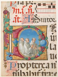 Manuscript Illumination with Singing Monks in an Initial D, from a Psalter, Italian, 1501-2. Creator: Girolamo dai Libri