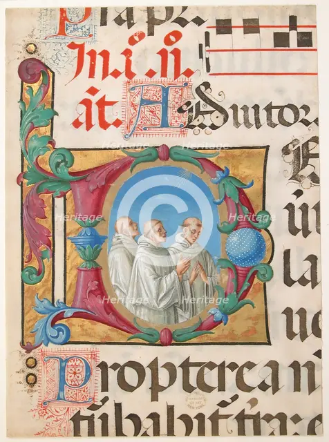 Manuscript Illumination with Singing Monks in an Initial D, from a Psalter, Italian, 1501-2. Creator: Girolamo dai Libri.