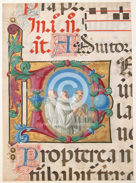 Manuscript Illumination with Singing Monks in an Initial D, from a Psalter, Italian, 1501-2. Creator: Girolamo dai Libri.