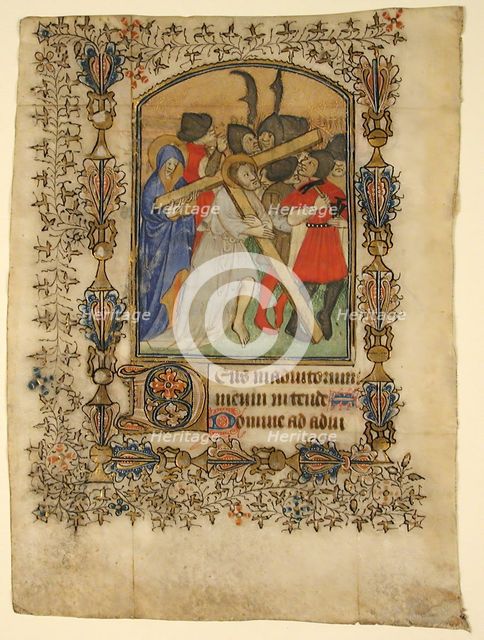 Manuscript Leaf from a Book of Hours... Illuminated Initial D and Christ Bearing the Cross, 1390-140 Creator: Unknown.