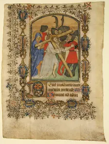 Manuscript Leaf from a Book of Hours Showing an Illuminated Initial D and Christ..., 1390-1400. Creator: Unknown