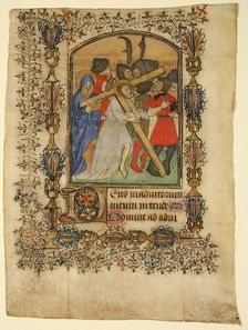Manuscript Leaf from a Book of Hours Showing an Illuminated Initial D and Christ..., 1390-1400. Creator: Unknown