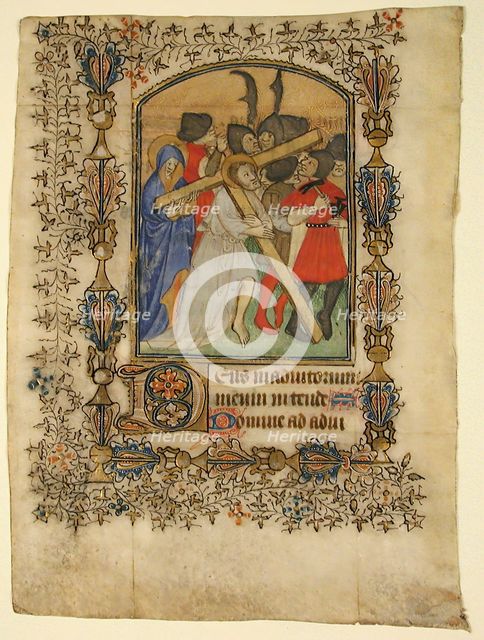 Manuscript Leaf from a Book of Hours Showing an Illuminated Initial D and Christ..., 1390-1400. Creator: Unknown.