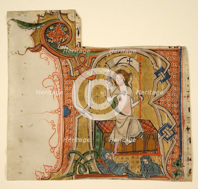 Manuscript Leaf Showing an Illuminated Initial R with The Resurrection, late 13th century. Creator: Unknown.