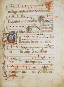 Manuscript Leaf with a female saint (possibly Dorothy) in an Initial G..., ca. 1330-40. Creator: Illustratore