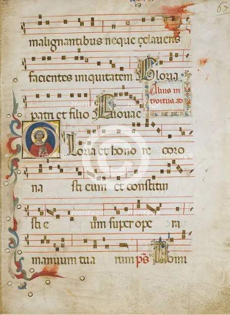 Manuscript Leaf with a female saint (possibly Dorothy) in an Initial G..., ca. 1330-40. Creator: Illustratore.