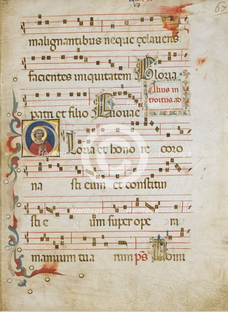 Manuscript Leaf with a female saint (possibly Dorothy) in an Initial G..., ca. 1330-40. Creator: Illustratore.
