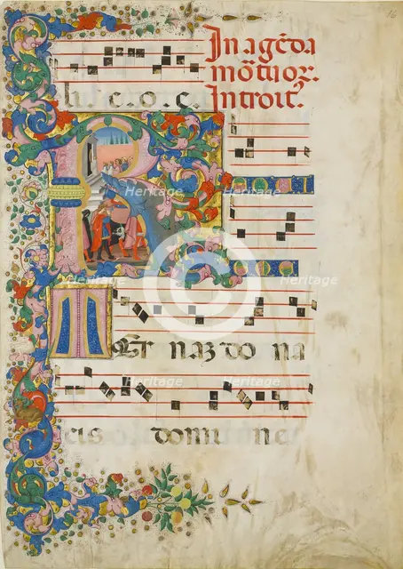 Manuscript Leaf with a Funeral Procession in an Initial R, from a Gradual, second half 15th century. Creator: Mariano del Buono.