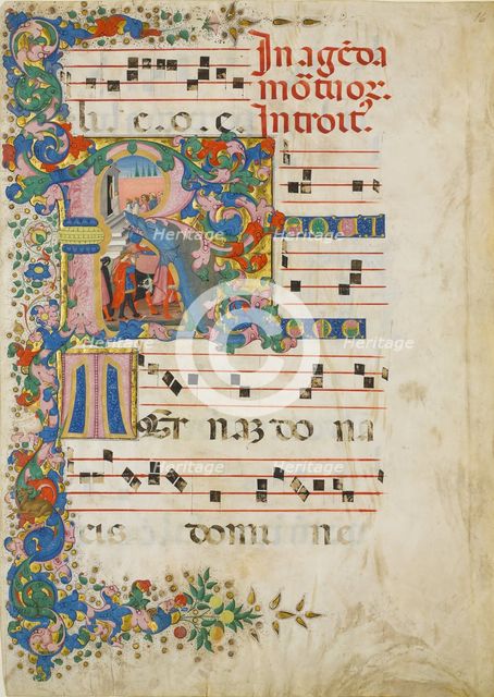 Manuscript Leaf with a Funeral Procession in an Initial R, from a Gradual, second half 15th century. Creator: Mariano del Buono.