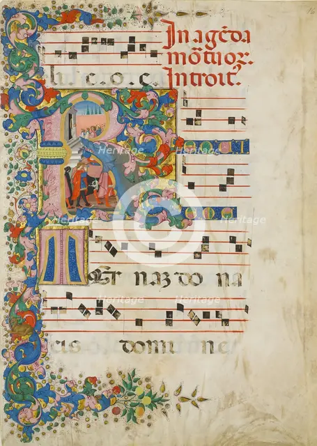 Manuscript Leaf with a Funeral Procession in an Initial R, from a Gradual, Italian, second half 15th Creator: Mariano del Buono.