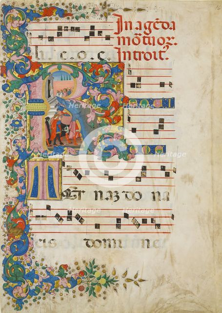Manuscript Leaf with a Funeral Procession in an Initial R, from a Gradual, Italian, second half 15th Creator: Mariano del Buono.