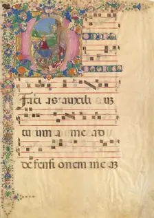 Manuscript Leaf with Entry into Jerusalem on Palm Sunday in an Initial D..., 15th-16th century. Creator: Bartolomeo di Domenico di Guido