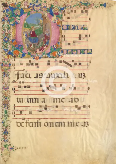 Manuscript Leaf with Entry into Jerusalem on Palm Sunday in an Initial D..., 15th-16th century. Creator: Bartolomeo di Domenico di Guido.