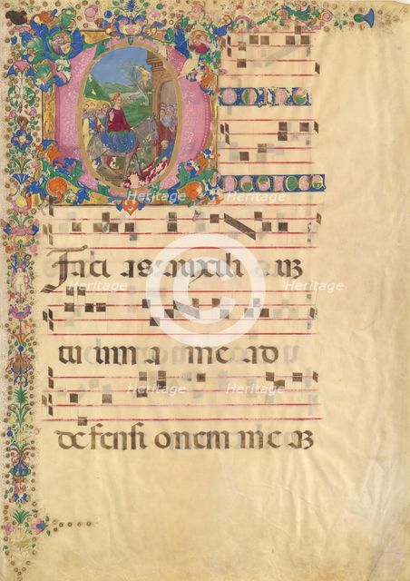 Manuscript Leaf with Entry into Jerusalem on Palm Sunday in an Initial D..., 15th-16th century. Creator: Bartolomeo di Domenico di Guido.