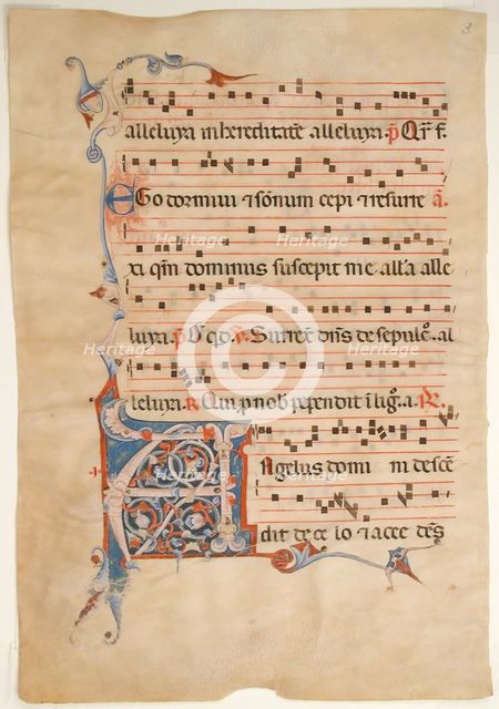 Manuscript Leaf with Foliated Initial A, from an Antiphonary, 14th century. Creator: Unknown.