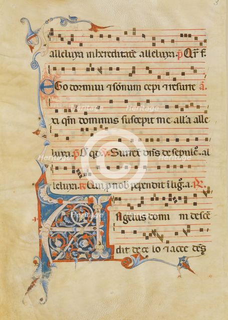 Manuscript Leaf with Foliated Initial A, from an Antiphonary, Italian, 14th century. Creator: Unknown.
