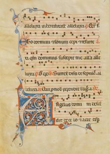 Manuscript Leaf with Foliated Initial A, from an Antiphonary, Italian, 14th century. Creator: Unknown