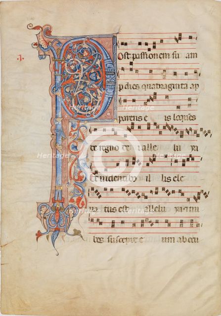 Manuscript Leaf with Foliated Initial P, from an Antiphonary, ca. 1250-60. Creator: Unknown.
