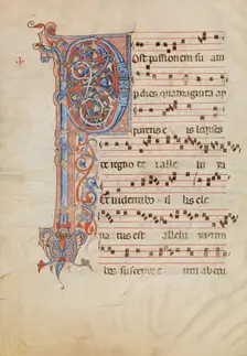Manuscript Leaf with Foliated Initial P, from an Antiphonary, Italian, ca. 1250-60. Creator: Unknown