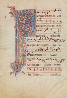 Manuscript Leaf with Foliated Initial P, from an Antiphonary, Italian, ca. 1250-60. Creator: Unknown