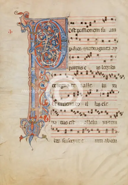 Manuscript Leaf with Foliated Initial P, from an Antiphonary, Italian, ca. 1250-60. Creator: Unknown.