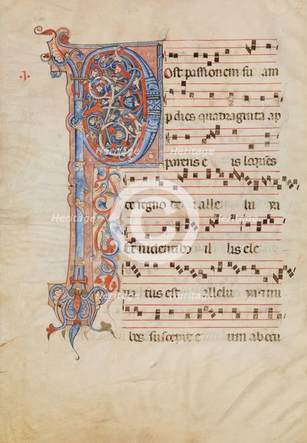 Manuscript Leaf with Foliated Initial P, from an Antiphonary, Italian, ca. 1250-60. Creator: Unknown.