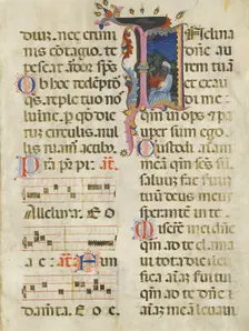 Manuscript Leaf with King David in an Initial I, from a Psalter, early 15th century. Creator: Unknown