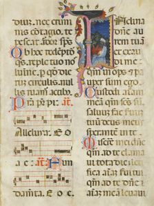 Manuscript Leaf with King David in an Initial I, from a Psalter, early 15th century. Creator: Unknown