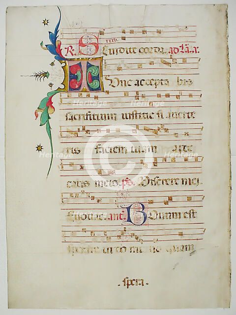 Manuscript Leaf with Initial T, from an Antiphonary, Italian, 15th century. Creator: Unknown.